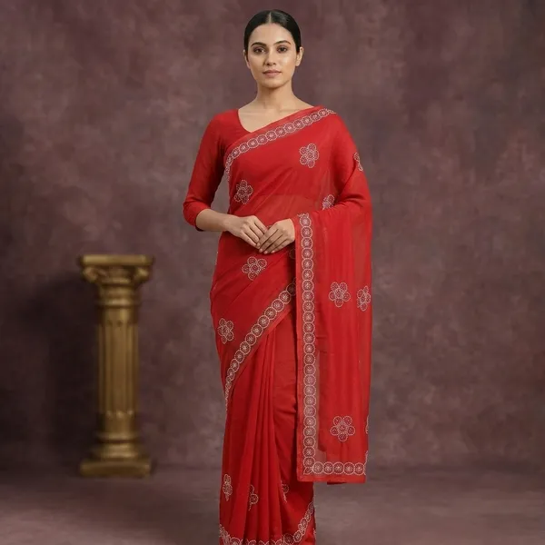 Red_Georgette_Embroidered_Floral_Border_Saree_For_Women