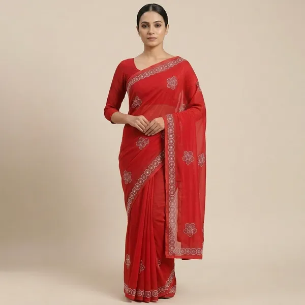 Red_Georgette_Embroidered_Floral_Border_Saree_For_Women