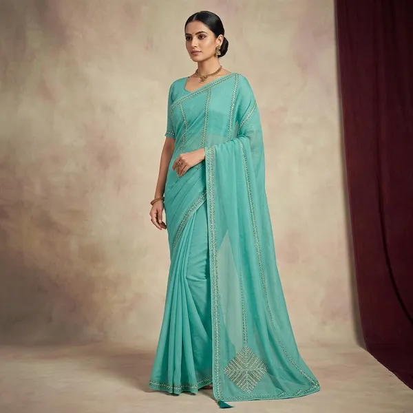 Turquoise_Georgette_Embellished_Silver_Lace_Border_Saree_For_Women