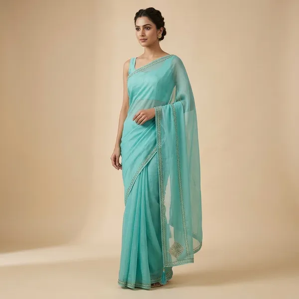 Turquoise_Georgette_Embellished_Silver_Lace_Border_Saree_For_Women