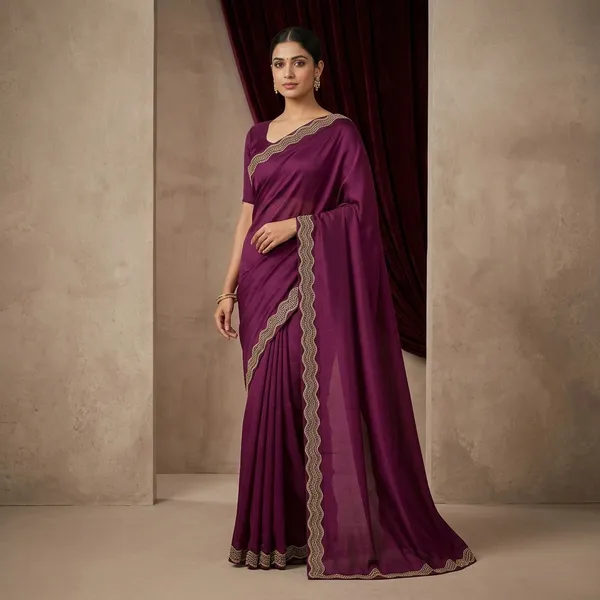 Purple_Satin_Embroidered_Golden_Border_Saree_For_Women