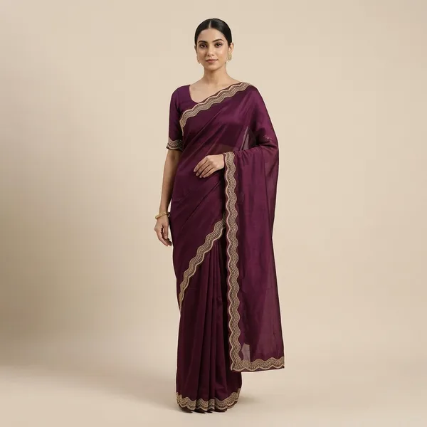 Purple_Satin_Embroidered_Golden_Border_Saree_For_Women