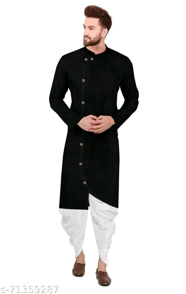 Black_Cotton_Knee_Length_Regular_Kurta_For_Men