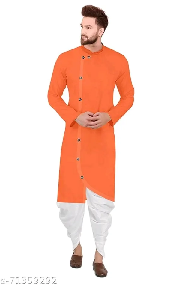 Orange_Cotton_Blend_Asymmetric_Ethnic_Kurta_For_Men