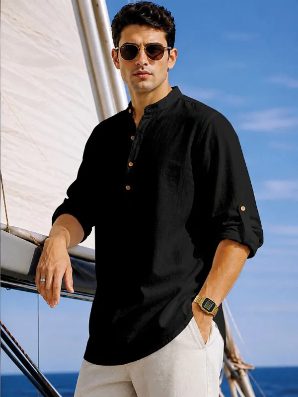 Black_Linen_Mandarin_Collar_Full_Sleeve_Shirt_For_Men
