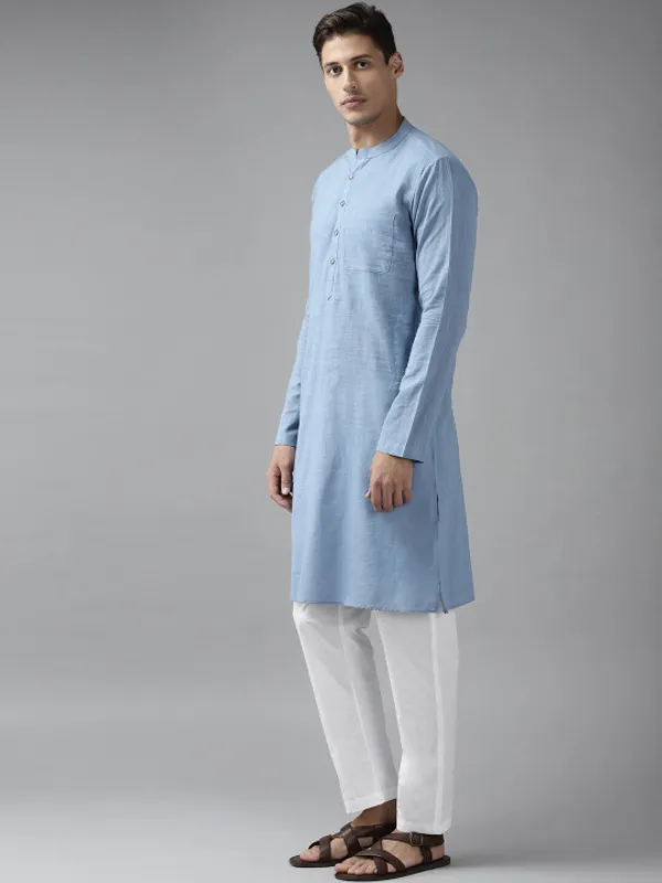Blue_Cotton_Long_Kurta_With_Mandarin_Collar_For_Men