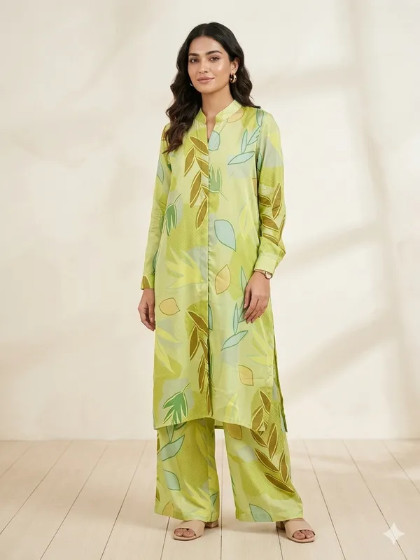Yellow_Chinnon_Straight_Leaf_Print_Kurta_Palazzo_Set_For_Women