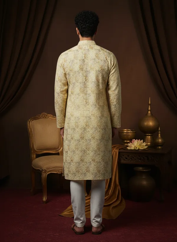 Cream_Rayon_Golden_Embroidered_Straight_Kurta_Set_For_Men