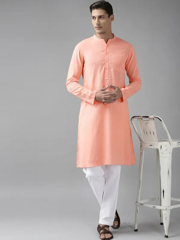 Peach_Cotton_Slub_Solid_Kurta_For_Men