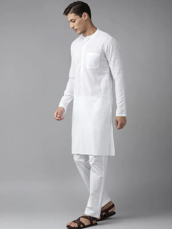 White_Cotton_Knee_Length_Kurta_Pyjama_Set_For_Men