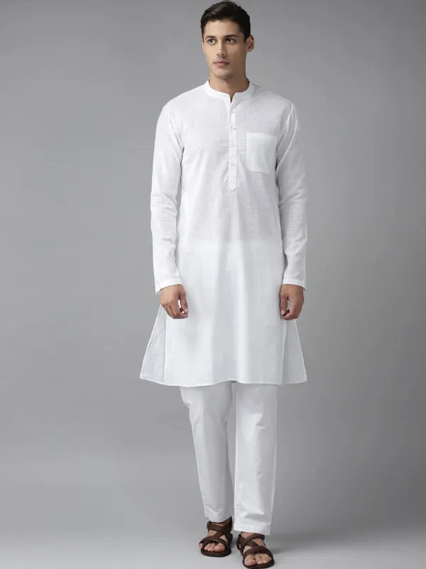 White_Cotton_Knee_Length_Kurta_Pyjama_Set_For_Men