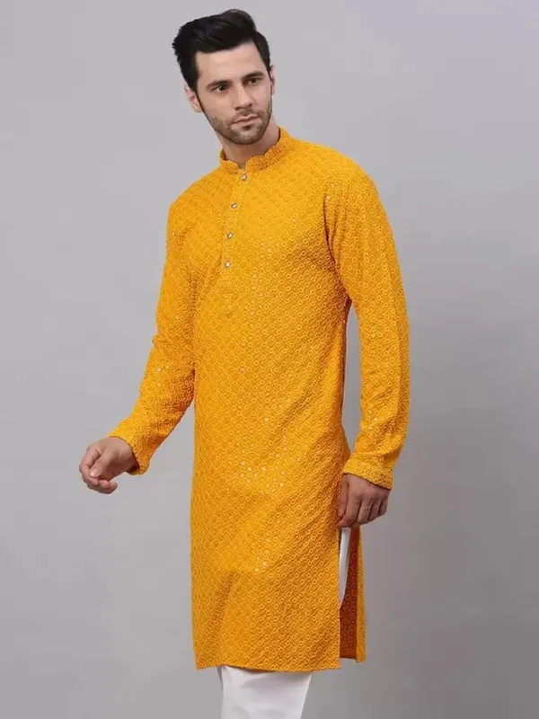 Yellow_Embroidered_Cotton_Straight_Kurta_For_Men