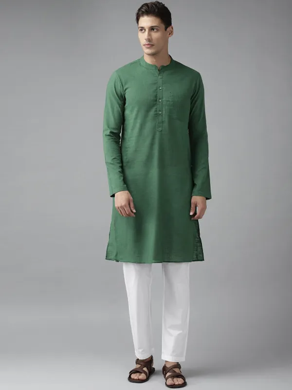 Green_Cotton_Solid_Long_Kurta_For_Men