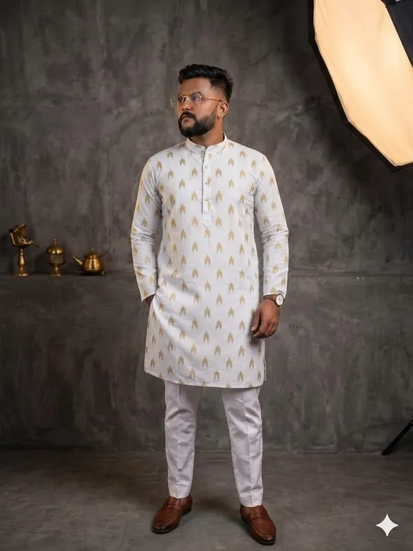White_Cotton_Straight_Printed_Kurta_Pajama_Set_For_Men