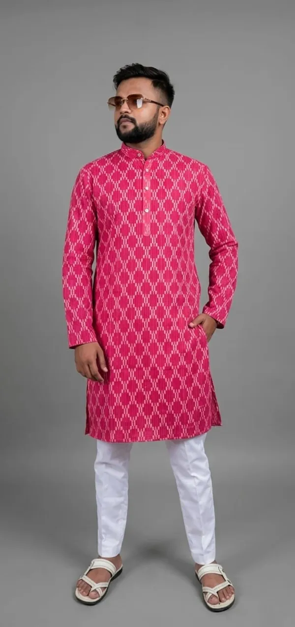 Pink_Cotton_Ikat_Print_Kurta_Pajama_Set_For_Men
