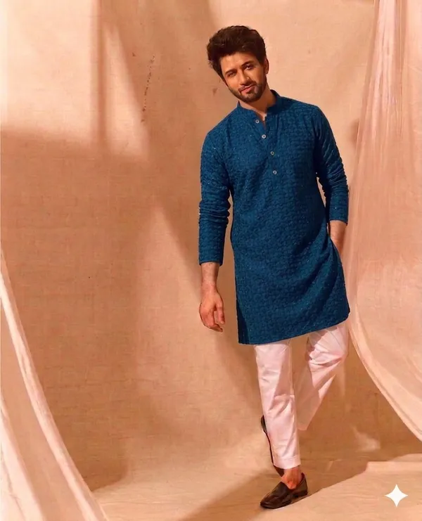Blue_Cotton_Embroidered_Straight_Kurta_For_Men