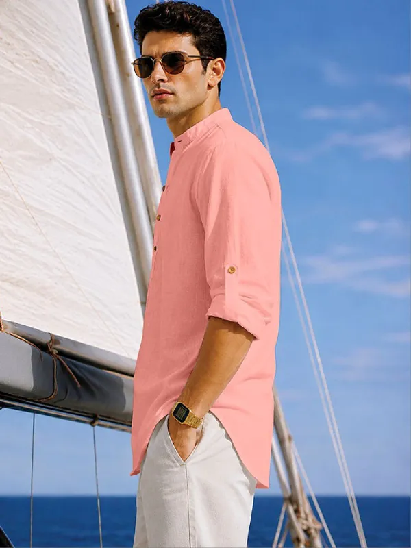 Pink_Linen_Mandarin_Collar_Shirt_For_Men