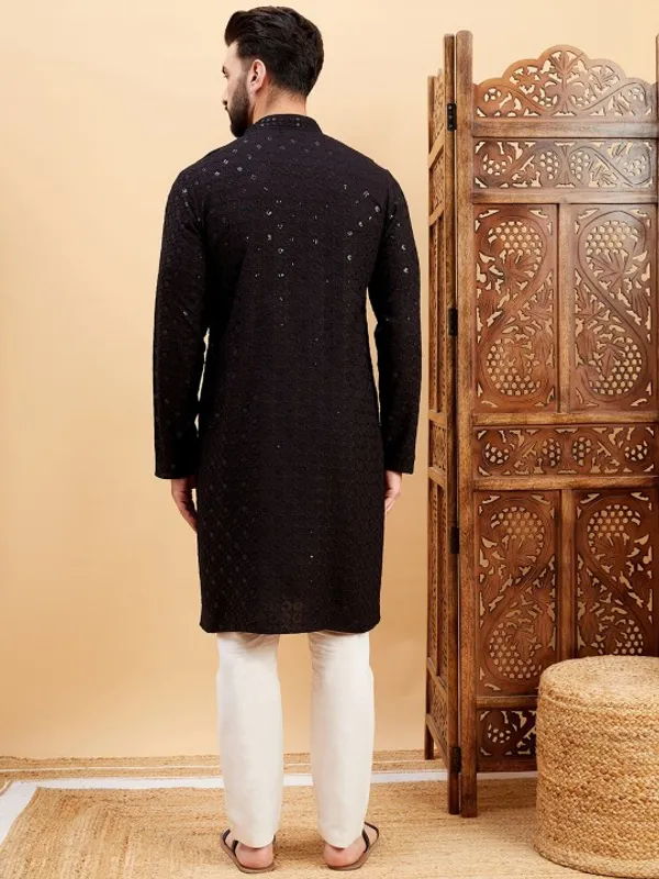 Black_Cotton_Mirror_Work_Embroidered_Kurta_Pajama_Set_For_Men