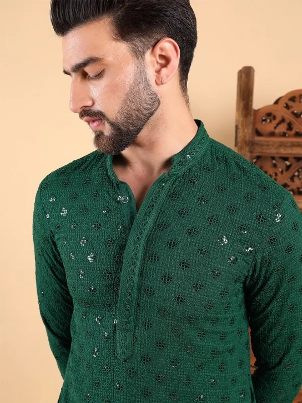 Green_Cotton_Relaxed_Straight_Sequin_Embellished_Kurta_For_Men