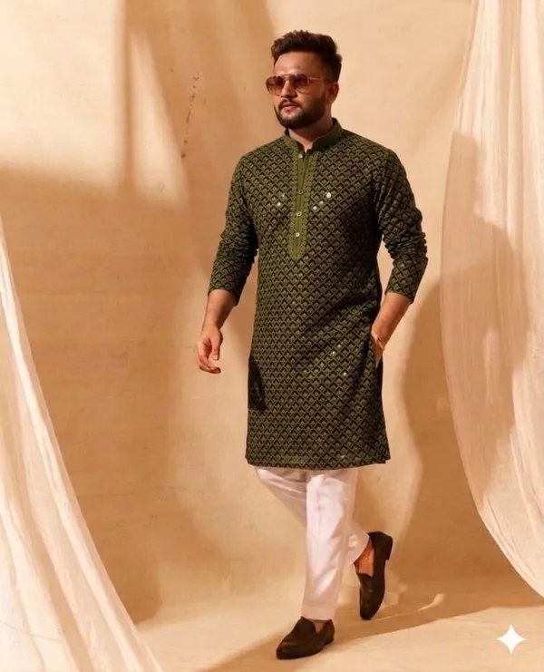 Olive_Green_Cotton_Printed_Mandarin_Collar_Kurta_For_Men