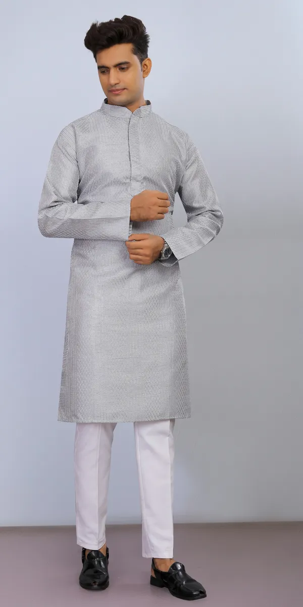 Grey_Cotton_Textured_Kurta_Pajama_Set_For_Men