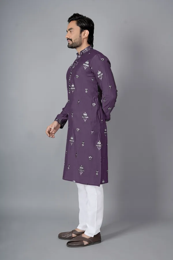 Purple_Cotton_Embellished_Straight_Kurta_Pajama_Set_For_Men