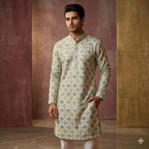 Multicolor_Printed_Mandarin_Collar_Kurta_For_Men