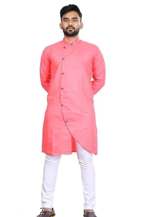 Pink_Cotton_Asymmetric_Regular_Fit_Kurta_For_Men