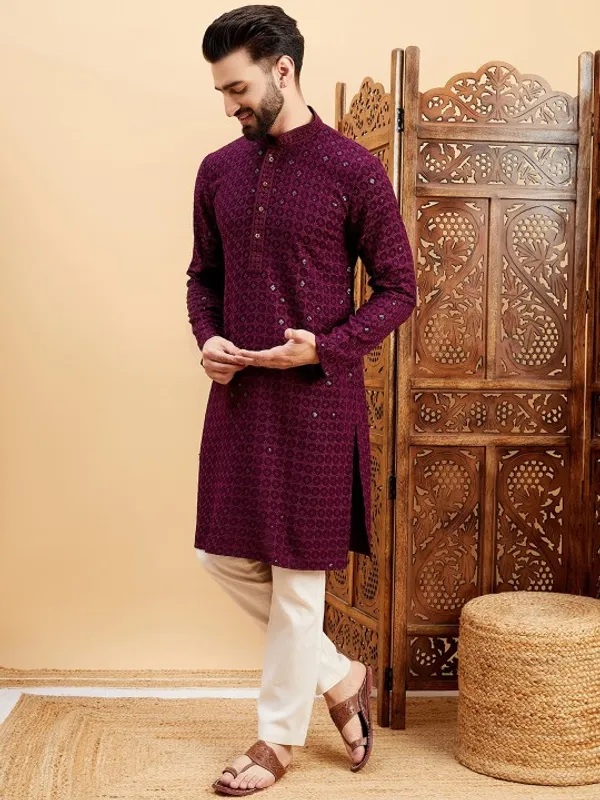 Maroon_Rayon_Regular_Fit_Sequin_Embroidered_Kurta_For_Men