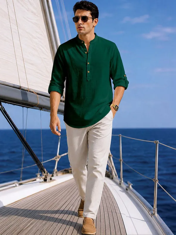 Bottle_Green_Cotton_Relaxed_Fit_Mandarin_Collar_Short_Kurta_For_Men