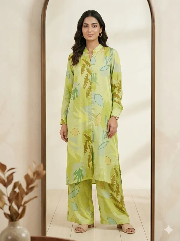 Yellow_Chinnon_Straight_Leaf_Print_Kurta_Palazzo_Set_For_Women