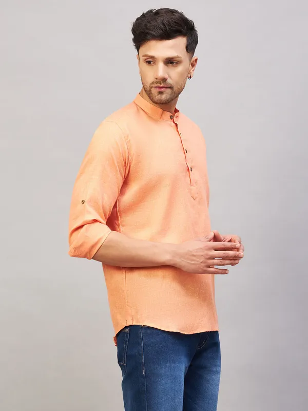 Peach_Linen_Mandarin_Collar_Short_Kurta_For_Men