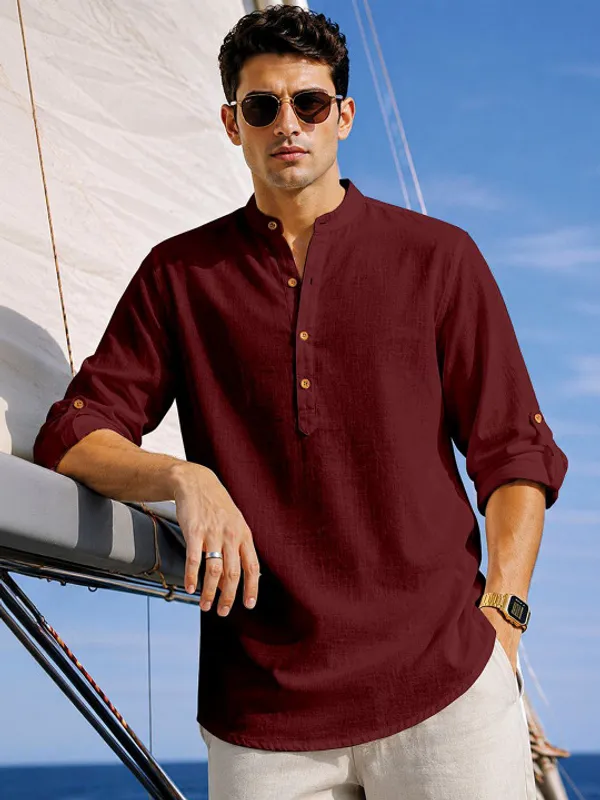 Maroon_Cotton_Mandarin_Collar_Kurta_For_Men