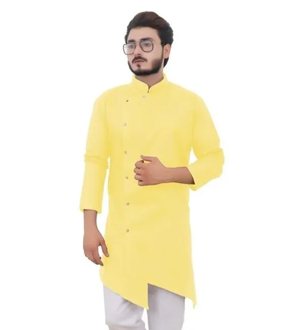 Yellow_Cotton_Mandarin_Collar_Kurta_For_Men