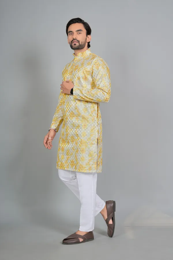 Yellow_Cotton_Relaxed_Floral_Printed_Kurta_For_Men