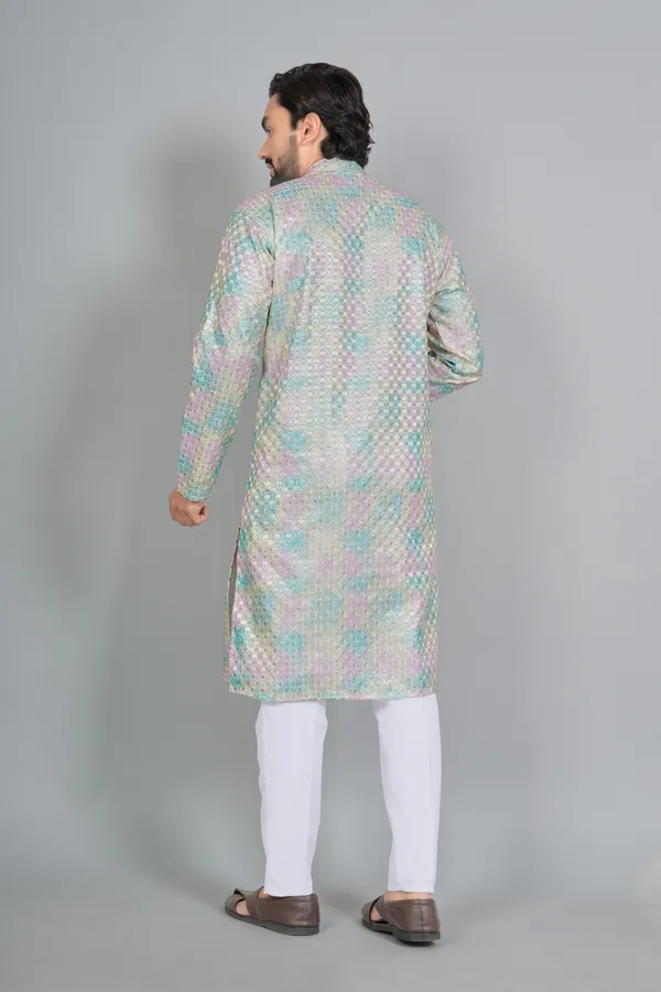Pastel_Multicolor_Cotton_Textured_Long_Kurta_For_Men