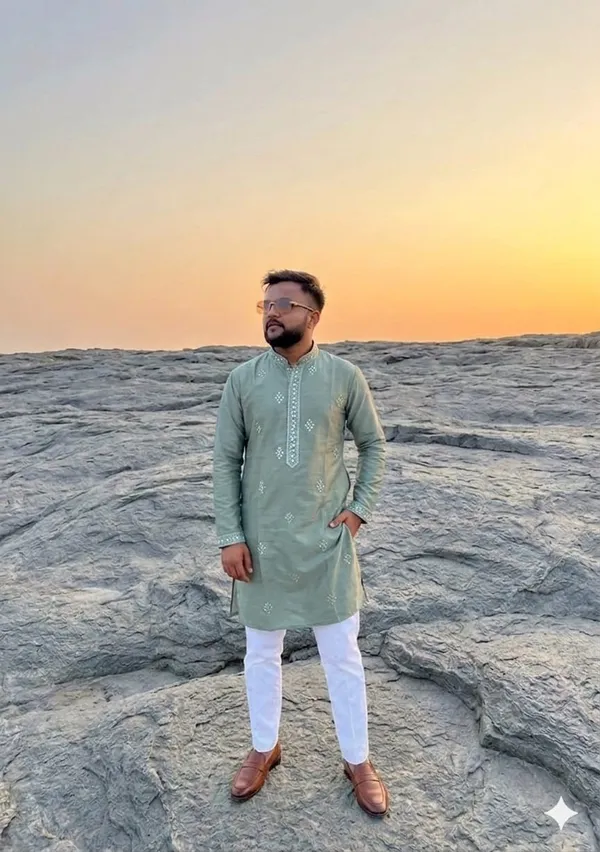 Green_Cotton_Straight_Embroidered_Kurta_Set_For_Men