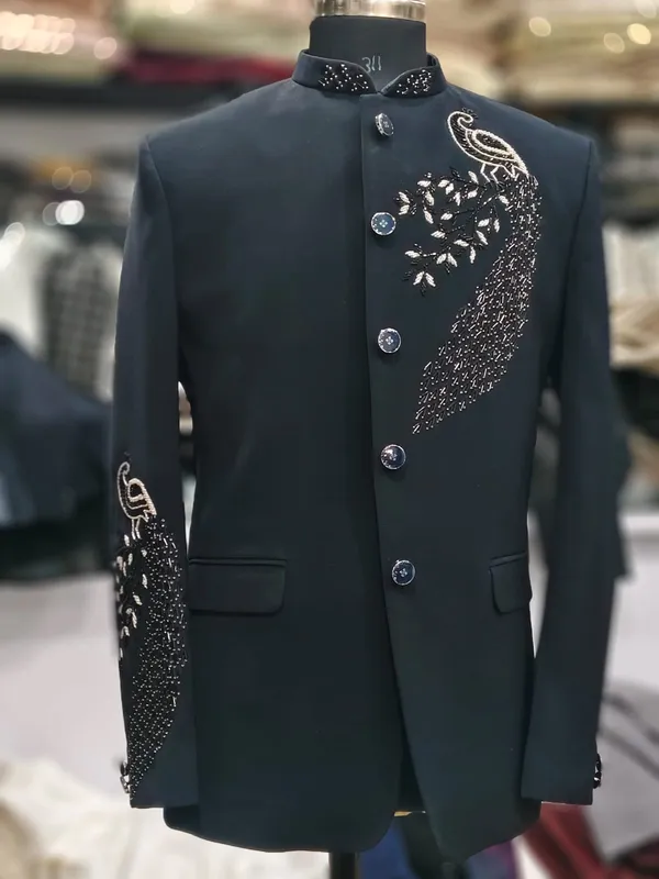 Black_Cotton_Peacock_Motif_Bandhgala_Blazer_For_Men