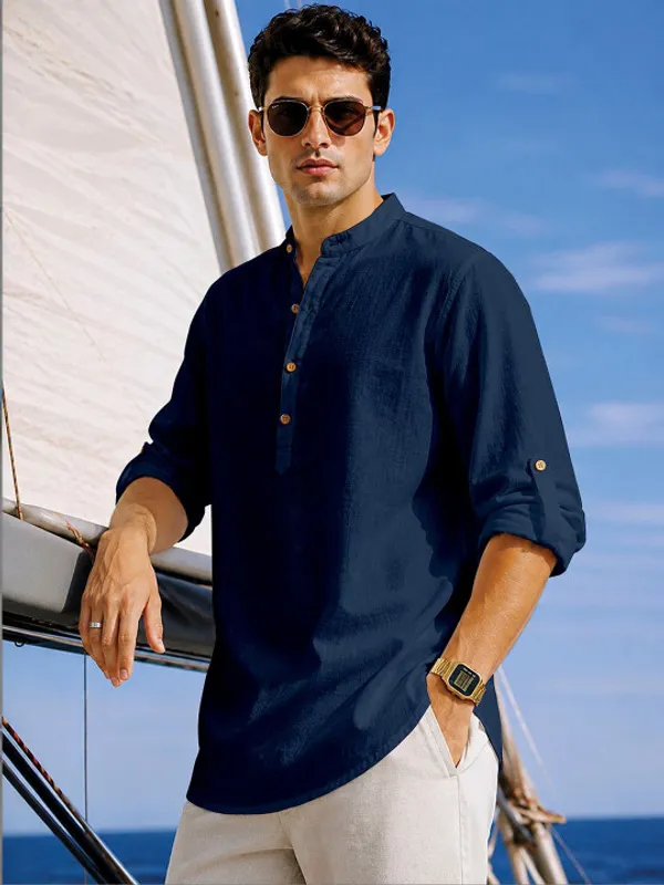 Black_Linen_Mandarin_Collar_Full_Sleeve_Shirt_For_Men