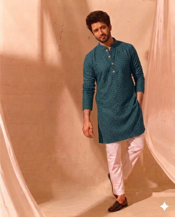 Teal_Blue_Cotton_Textured_Kurta_Pajama_Set_For_Men
