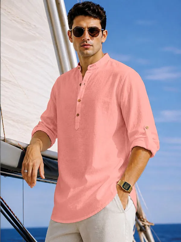 Pink_Linen_Mandarin_Collar_Shirt_For_Men