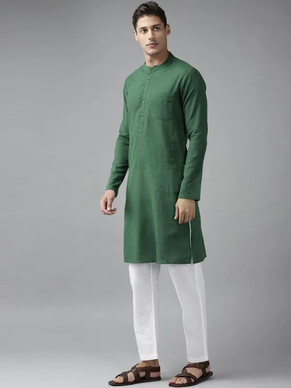 Green_Cotton_Solid_Long_Kurta_For_Men