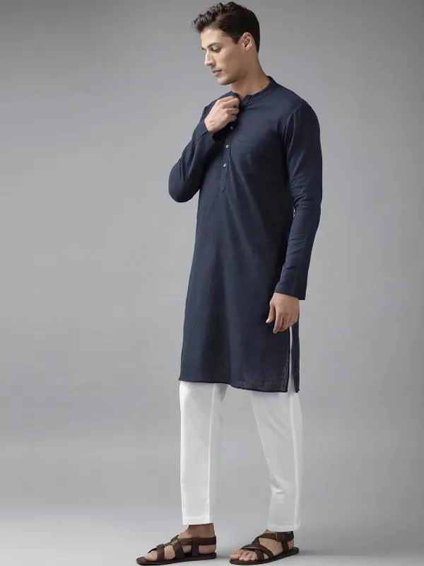 Navy_Blue_Cotton_Blend_Kurta_Pajama_Set_For_Men