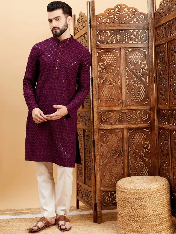 Maroon_Rayon_Regular_Fit_Sequin_Embroidered_Kurta_For_Men