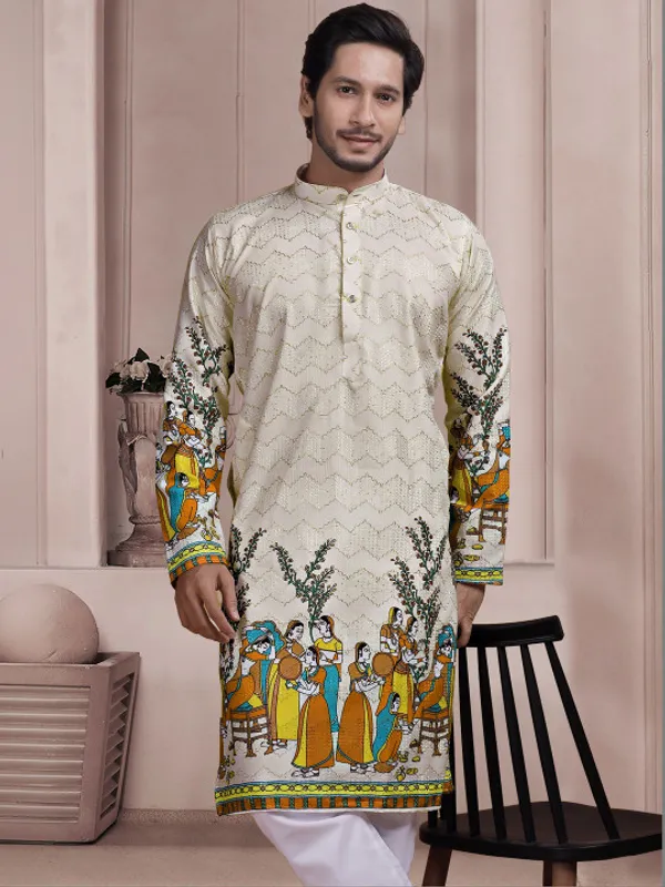 Cream_Cotton_Blend_Straight_Ethnic_Print_Kurta_For_Men