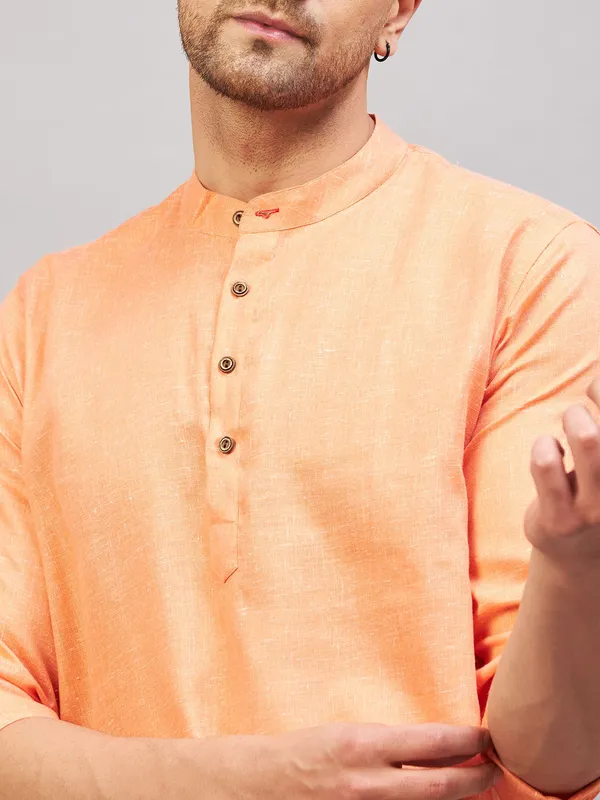 Peach_Linen_Mandarin_Collar_Short_Kurta_For_Men