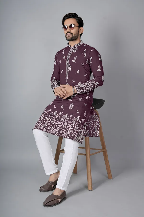Maroon_Rayon_Relaxed_Fit_Block_Print_Kurta_Pajama_Set_For_Men