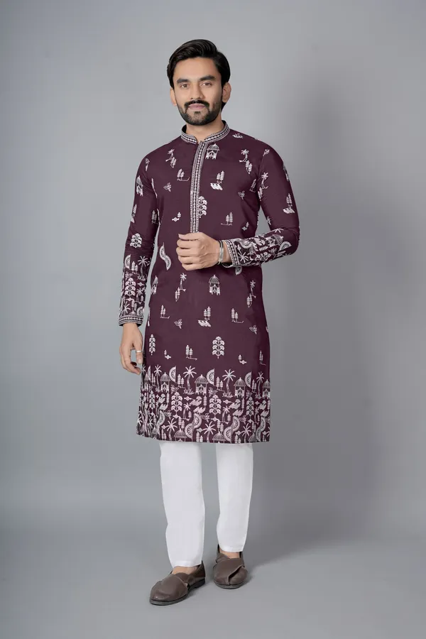 Maroon_Rayon_Relaxed_Fit_Block_Print_Kurta_Pajama_Set_For_Men