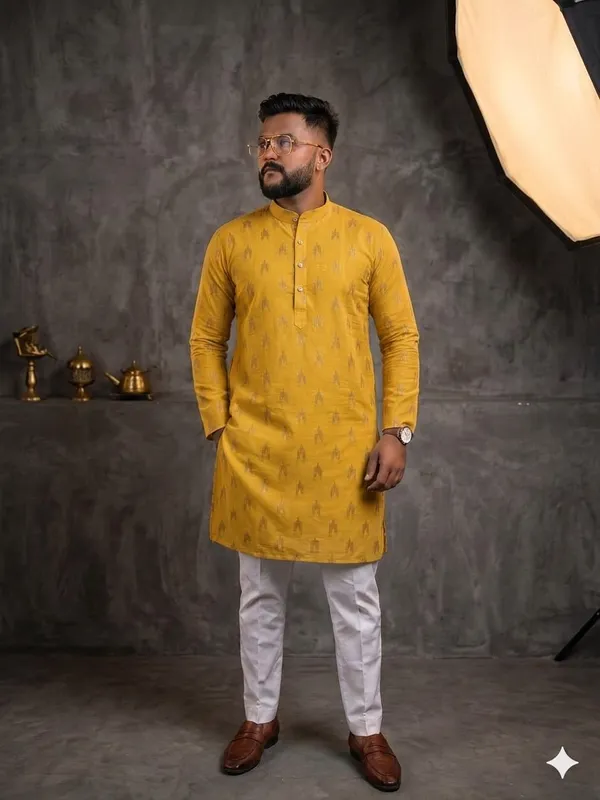 Yellow_Cotton_Straight_Embroidered_Kurta_For_Men