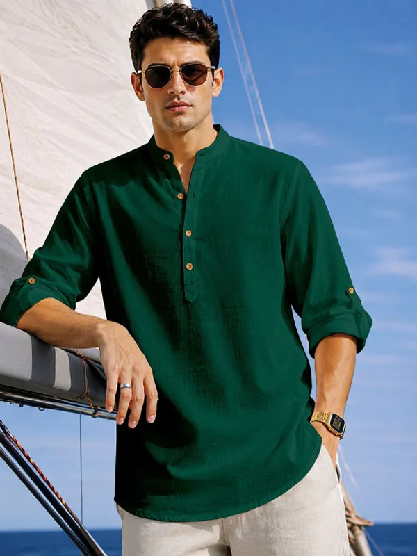 Bottle_Green_Cotton_Relaxed_Fit_Mandarin_Collar_Short_Kurta_For_Men